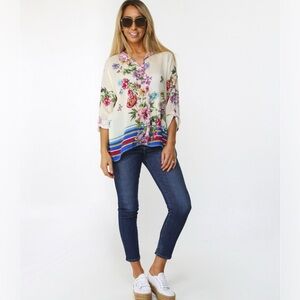 Johnny Was Wilton Blouse 100% Silk Floral Button Shirt Tunic Boxy size XL $250